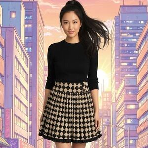 Vivon Chan Argyle Pleated Black and Tan School Girl Skirt - Size Large